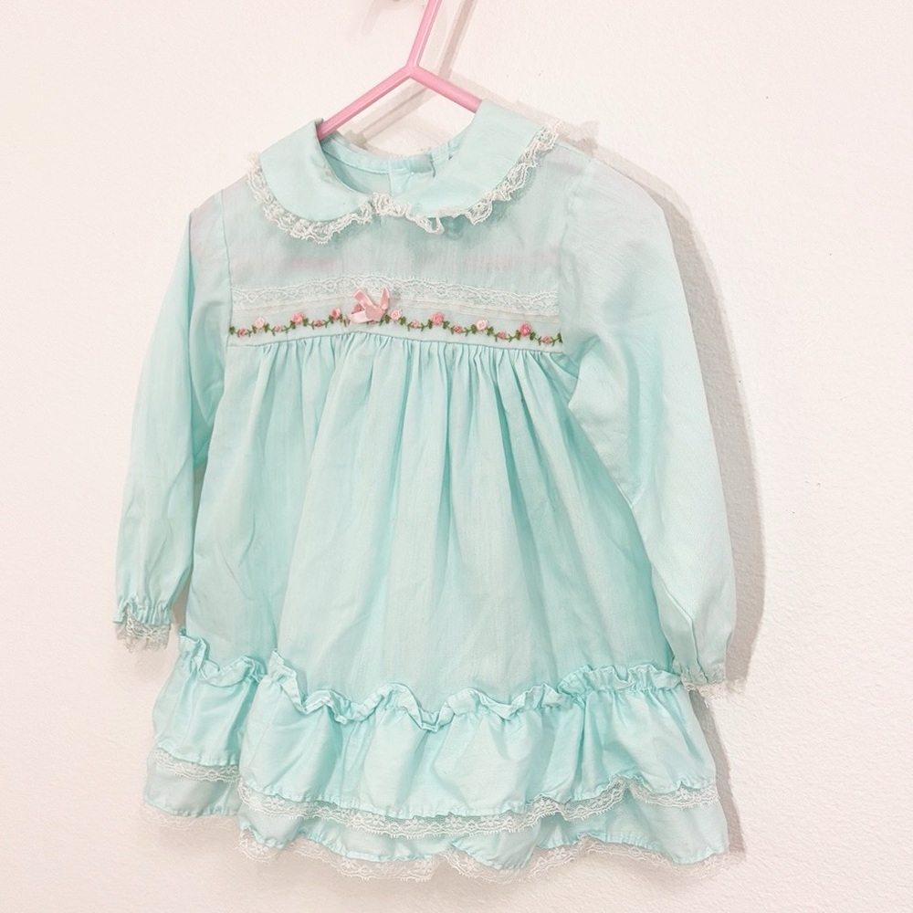 VINTAGE Alexis Dress Lace/Ribbon Soft Blue/Green Embroidered Trim Size 24 Months